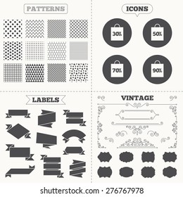 Seamless patterns. Sale tags labels. Sale bag tag icons. Discount special offer symbols. 30%, 50%, 70% and 90% percent discount signs. Vintage decoration. Vector