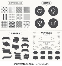 Seamless patterns. Sale tags labels. Male and female sex icons. Man and Woman signs with hearts symbols. Vintage decoration. Vector