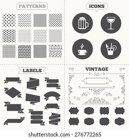Seamless patterns. Sale tags labels. Drinks icons. Coffee cup and glass of beer symbols. Wine glass and cocktail signs. Vintage decoration. Vector