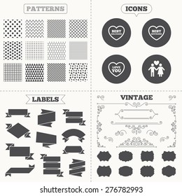 Seamless patterns. Sale tags labels. Valentine day love icons. Best girlfriend and boyfriend symbol. Couple lovers sign. Vintage decoration. Vector