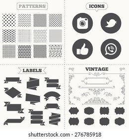 Seamless patterns. Sale tags labels. Hipster photo camera icon. Thumbs up and Call speech bubble sign. Bird symbol. Social media icons. Vintage decoration. Vector