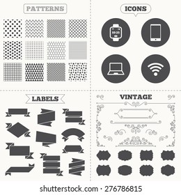 Seamless patterns. Sale tags labels. Notebook and smartphone icons. Smart watch symbol. Wi-fi and battery energy signs. Wireless Network symbol. Mobile devices. Vintage decoration. Vector