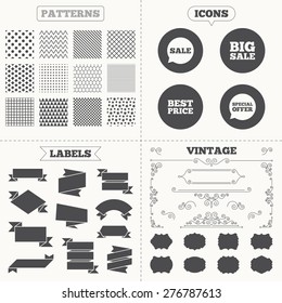Seamless patterns. Sale tags labels. Sale icons. Special offer speech bubbles symbols. Big sale and best price shopping signs. Vintage decoration. Vector