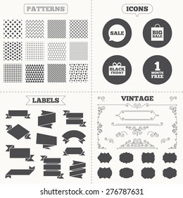 Seamless patterns. Sale tags labels. Sale speech bubble icon. Black friday gift box symbol. Big sale shopping bag. First month free sign. Vintage decoration. Vector