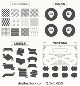 Seamless patterns. Sale tags labels. Sale pointer tag icons. Discount special offer symbols. 10%, 20%, 30% and 40% percent sale signs. Vintage decoration. Vector