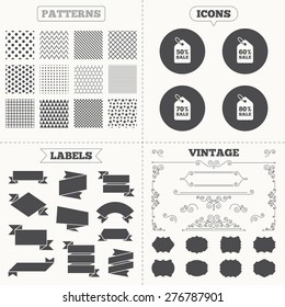 Seamless patterns. Sale tags labels. Sale price tag icons. Discount special offer symbols. 50%, 60%, 70% and 80% percent sale signs. Vintage decoration. Vector