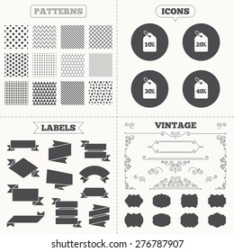 Seamless patterns. Sale tags labels. Sale price tag icons. Discount special offer symbols. 10%, 20%, 30% and 40% percent discount signs. Vintage decoration. Vector