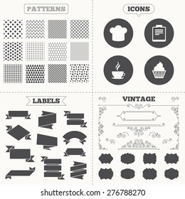 Seamless patterns. Sale tags labels. Coffee cup icon. Chef hat symbol. Muffin cupcake signs. Document file. Vintage decoration. Vector