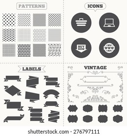 Seamless patterns. Sale tags labels. Online shopping icons. Notebook pc, shopping cart, buy now arrow and internet signs. WWW globe symbol. Vintage decoration. Vector