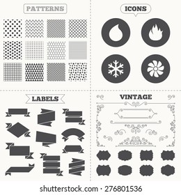Seamless patterns. Sale tags labels. HVAC icons. Heating, ventilating and air conditioning symbols. Water supply. Climate control technology signs. Vintage decoration. Vector