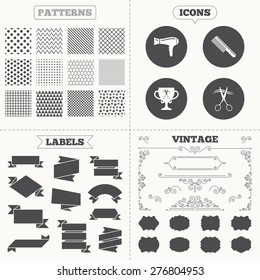 Seamless patterns. Sale tags labels. Hairdresser icons. Scissors cut hair symbol. Comb hair with hairdryer symbol. Barbershop winner award cup. Vintage decoration. Vector