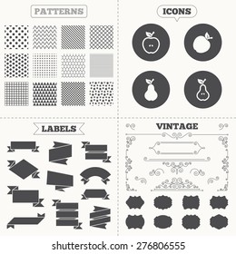 Seamless patterns. Sale tags labels. Fruits with leaf icons. Apple and Pear with seeds signs. Natural food symbol. Vintage decoration. Vector