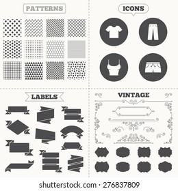 Seamless patterns. Sale tags labels. Clothes icons. T-shirt and pants with shorts signs. Swimming trunks symbol. Vintage decoration. Vector