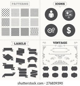 Seamless patterns. Sale tags labels. Business icons. Human silhouette and presentation board with charts signs. Dollar currency and gear symbols. Vintage decoration. Vector