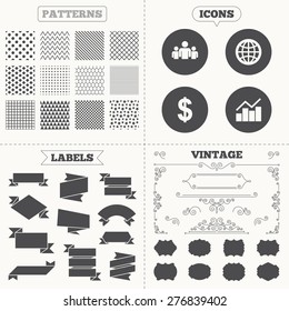 Seamless patterns. Sale tags labels. Business icons. Graph chart and globe signs. Dollar currency and group of people symbols. Vintage decoration. Vector