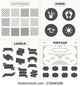 Seamless patterns. Sale tags labels. Beach holidays icons. Cocktail, human footprints and palm trees signs. Summer sun symbol. Vintage decoration. Vector