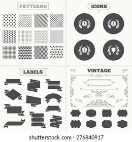 Seamless patterns. Sale tags labels. Laurel wreath award icons. Prize cup for winner signs. First, second and third place medals symbols. Vintage decoration. Vector