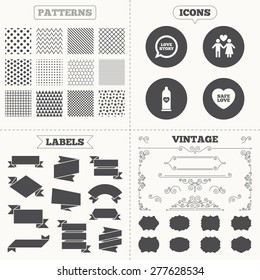 Seamless patterns. Sale tags labels. Condom safe sex icons. Lovers couple signs. Male love female. Speech bubble with heart. Vintage decoration. Vector