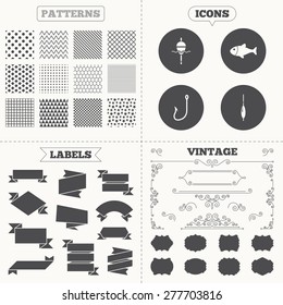 Seamless patterns. Sale tags labels. Fishing icons. Fish with fishermen hook sign. Float bobber symbol. Vintage decoration. Vector