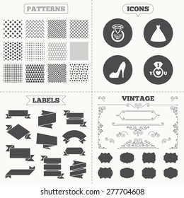 Seamless patterns. Sale tags labels. Wedding dress icon. Women's shoe symbol. Wedding or engagement day ring with diamond sign. Will you marry me? Vintage decoration. Vector