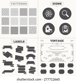 Seamless patterns. Sale tags labels. Medical icons. Atom, magnifier glass, checklist signs. Medical heart pills bottle symbol. Pharmacy medicine drugs. Vintage decoration. Vector