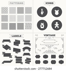 Seamless patterns. Sale tags labels. Maternity icons. Baby infant, pregnancy and shirt signs. Dress with heart symbol. Vintage decoration. Vector
