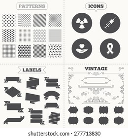 Seamless patterns. Sale tags labels. Medicine icons. Syringe, life insurance, radiation and ribbon signs. Breast cancer awareness symbol. Hand holds heart. Vintage decoration. Vector