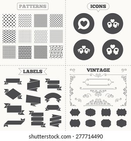 Seamless patterns. Sale tags labels. Couple love icon. Lesbian and Gay lovers signs. Romantic homosexual relationships. Speech bubble with heart symbol. Vintage decoration. Vector