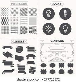 Seamless patterns. Sale tags labels. Light lamp icons. Fluorescent lamp bulb symbols. Energy saving. Idea and success sign. Vintage decoration. Vector