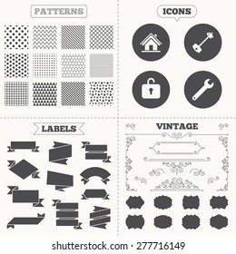 Seamless patterns. Sale tags labels. Home key icon. Wrench service tool symbol. Locker sign. Main page web navigation. Vintage decoration. Vector