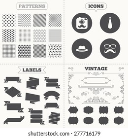 Seamless patterns. Sale tags labels. Hipster photo camera with mustache icon. Glasses and tie symbols. Classic hat headdress sign. Vintage decoration. Vector