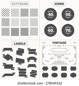 Seamless patterns. Sale tags labels. Sale discount icons. Special offer stamp price signs. 40, 50, 60 and 70 percent off reduction symbols. Vintage decoration. Vector
