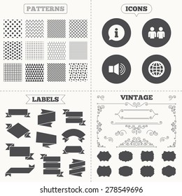 Seamless patterns. Sale tags labels. Information sign. Group of people and speaker volume symbols. Internet globe sign. Communication icons. Vintage decoration. Vector