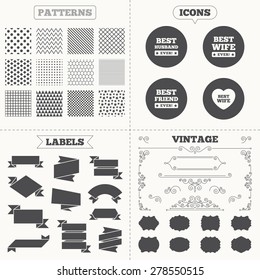 Seamless patterns. Sale tags labels. Best wife, husband and friend icons. Heart love signs. Award symbol. Vintage decoration. Vector