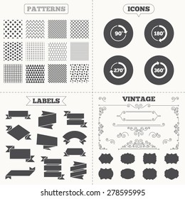 Seamless patterns. Sale tags labels. Angle 45-360 degrees circle icons. Geometry math signs symbols. Full complete rotation arrow. Vintage decoration. Vector