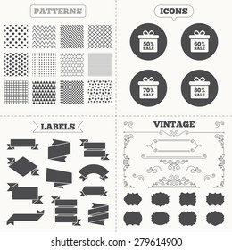 Seamless patterns. Sale tags labels. Sale gift box tag icons. Discount special offer symbols. 50%, 60%, 70% and 80% percent sale signs. Vintage decoration. Vector