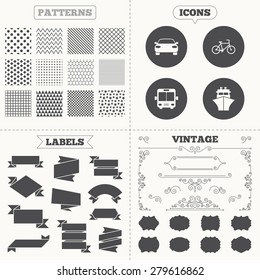 Seamless patterns. Sale tags labels. Transport icons. Car, Bicycle, Public bus and Ship signs. Shipping delivery symbol. Family vehicle sign. Vintage decoration. Vector