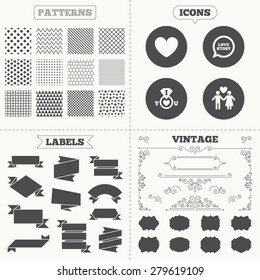 Seamless patterns. Sale tags labels. Valentine day love icons. I love you ring symbol. Couple lovers sign. Love story speech bubble. Vintage decoration. Vector