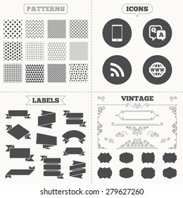 Seamless patterns. Sale tags labels. Question answer icon.  Smartphone and Q&A chat speech bubble symbols. RSS feed and internet globe signs. Communication Vintage decoration. Vector