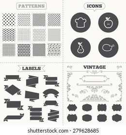 Seamless patterns. Sale tags labels. Food icons. Apple and Pear fruits with leaf symbol. Chicken hen bird meat sign. Chef hat icons. Vintage decoration. Vector