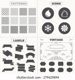 Seamless patterns. Sale tags labels. HVAC icons. Heating, ventilating and air conditioning symbols. Water supply. Climate control technology signs. Vintage decoration. Vector