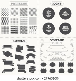 Seamless patterns. Sale tags labels. Kosher food product icons. Chef hat with fork and spoon sign. Star of David. Natural food symbols. Vintage decoration. Vector
