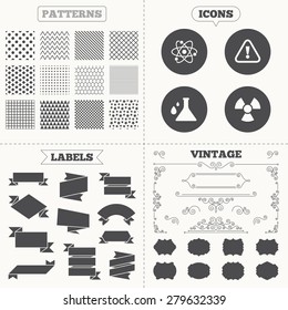 Seamless patterns. Sale tags labels. Attention and radiation icons. Chemistry flask sign. Atom symbol. Vintage decoration. Vector