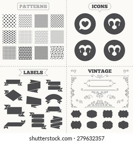 Seamless patterns. Sale tags labels. Couple love icon. Lesbian and Gay lovers signs. Romantic homosexual relationships. Speech bubble with heart symbol. Vintage decoration. Vector