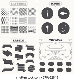 Seamless patterns. Sale tags labels. Fishing icons. Fish with fishermen hook sign. Float bobber symbol. Vintage decoration. Vector