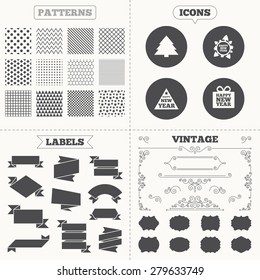 Seamless patterns. Sale tags labels. Happy new year icon. Christmas trees signs. World globe symbol. Vintage decoration. Vector