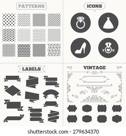 Seamless patterns. Sale tags labels. Wedding dress icon. Women's shoe symbol. Wedding or engagement day ring with diamond sign. Vintage decoration. Vector
