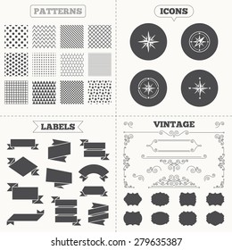 Seamless patterns. Sale tags labels. Windrose navigation icons. Compass symbols. Coordinate system sign. Vintage decoration. Vector