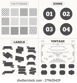 Seamless patterns. Sale tags labels. Step one, two, three and four icons. Sequence of options symbols. Loading process signs. Vintage decoration. Vector