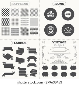 Seamless patterns. Sale tags labels. Quiz icons. Brainstorm or human think. Checklist symbol. Survey poll or questionnaire feedback form. Questions and answers game sign. Vintage decoration. Vector